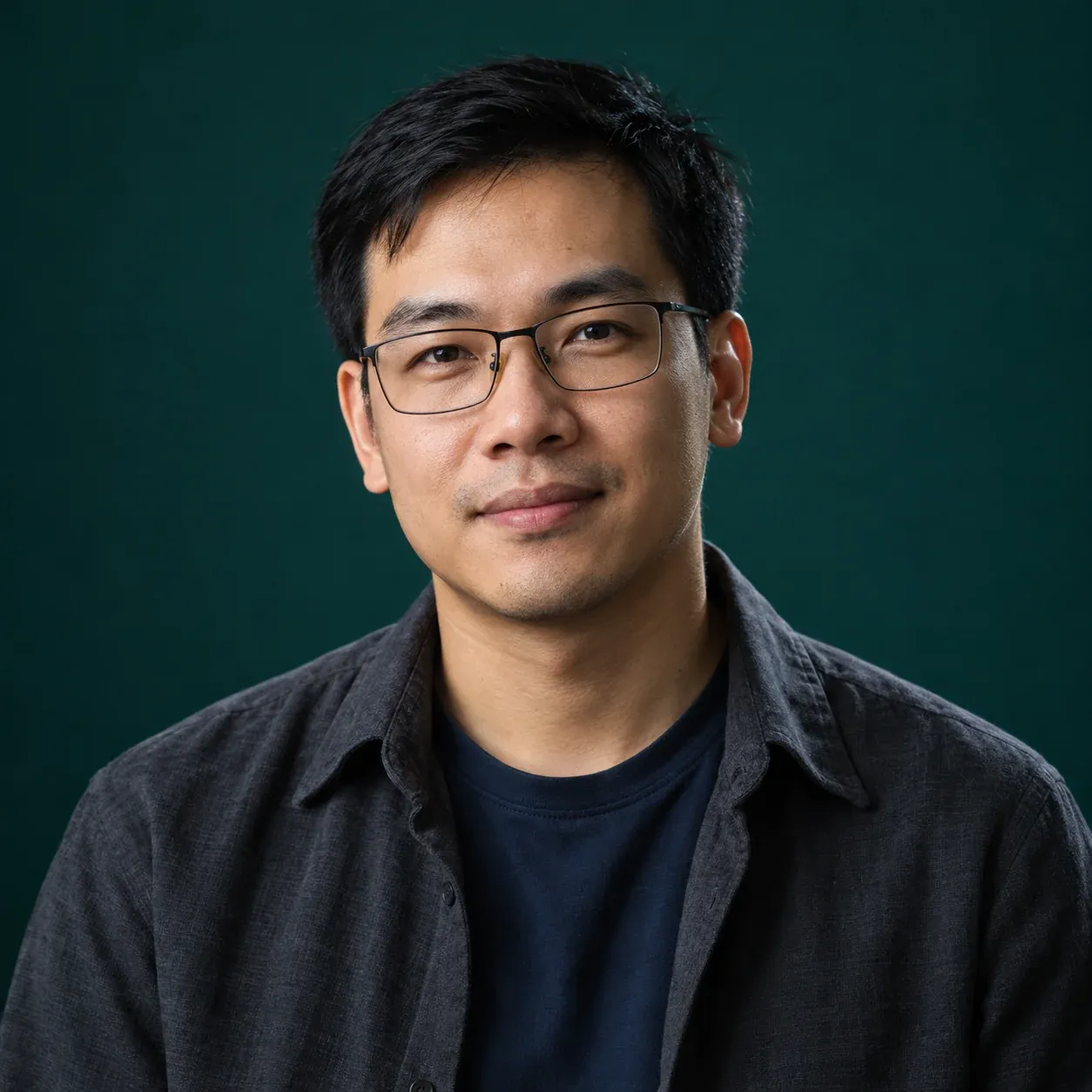 Portrait of Đặng Minh Khôi, co-founder and CTO of WhereTheFuture, against a deep teal backdrop.