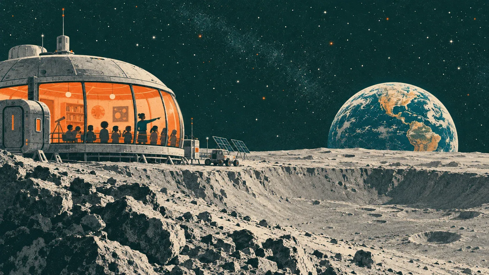Illustration of a domed school on the rim of a lunar crater, children at windows looking out at Earth rising over the grey horizon.