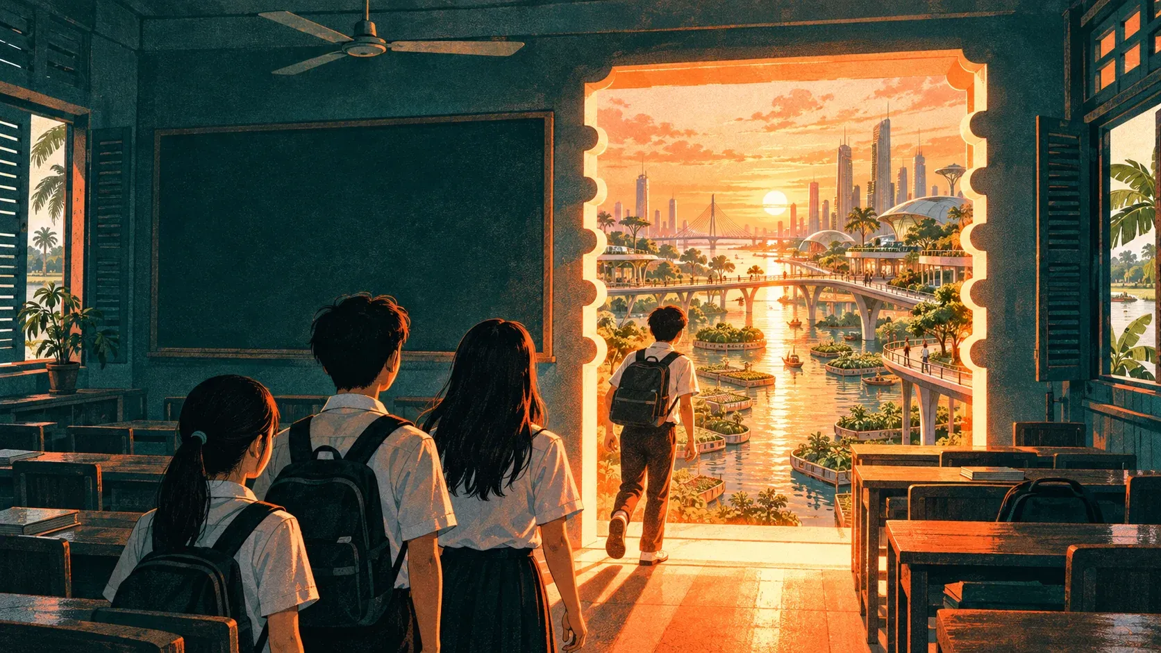 Illustration of a doorway opening from a present-day Mekong Delta classroom onto a luminous delta city in 2045.