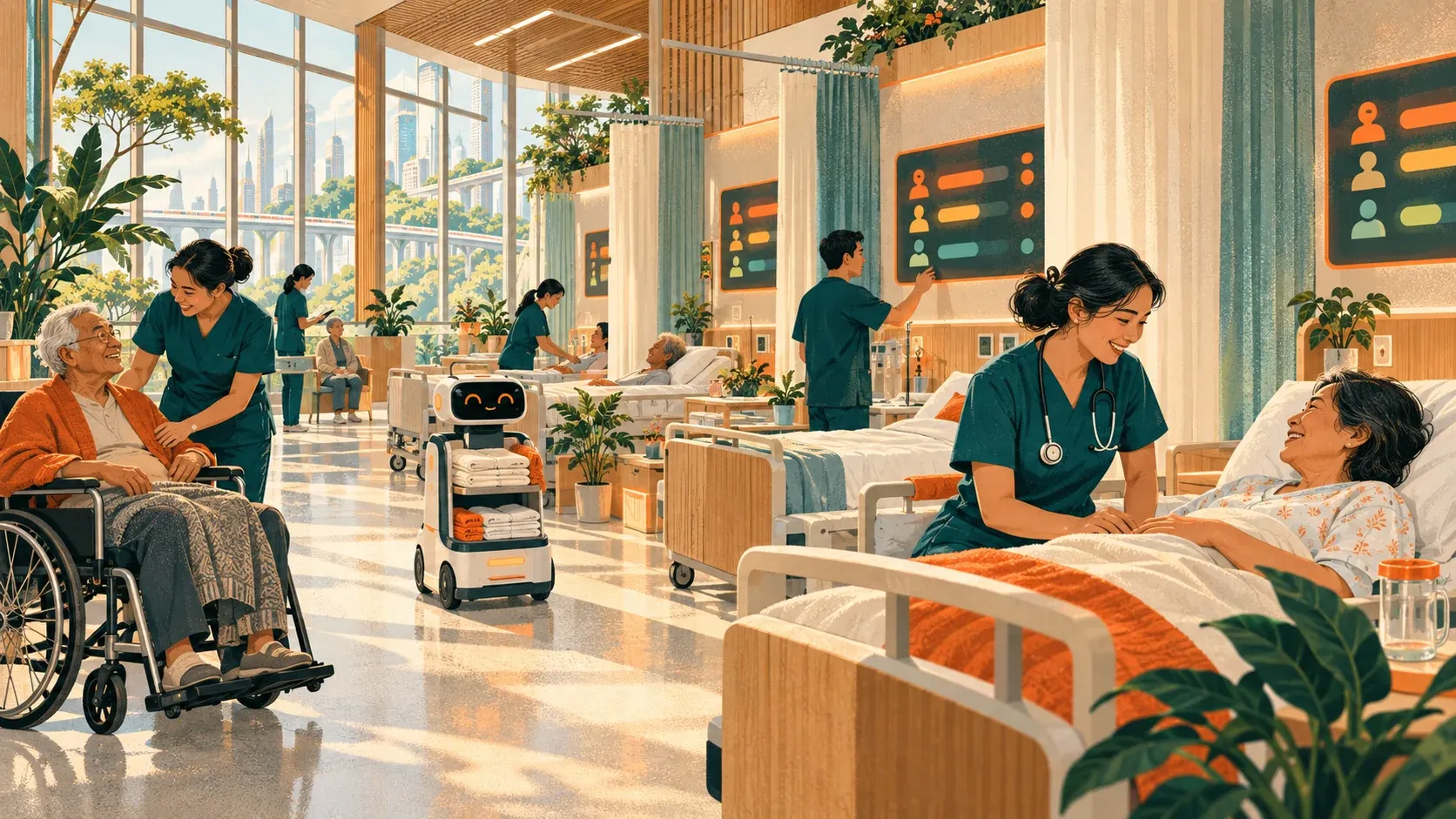 Illustration of a bright hospital ward in 2038 where nurses and patients talk beside glowing screens showing an AI triage queue.