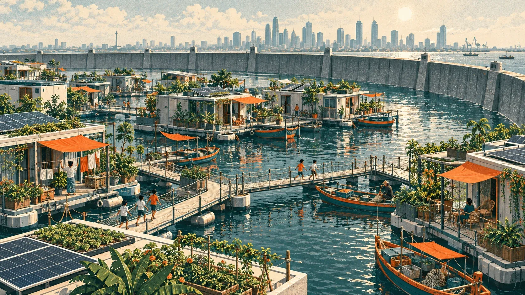 Illustration of a North Jakarta neighborhood in 2050 built on floating platforms behind a tall sea wall, fishing boats tied up between the homes.