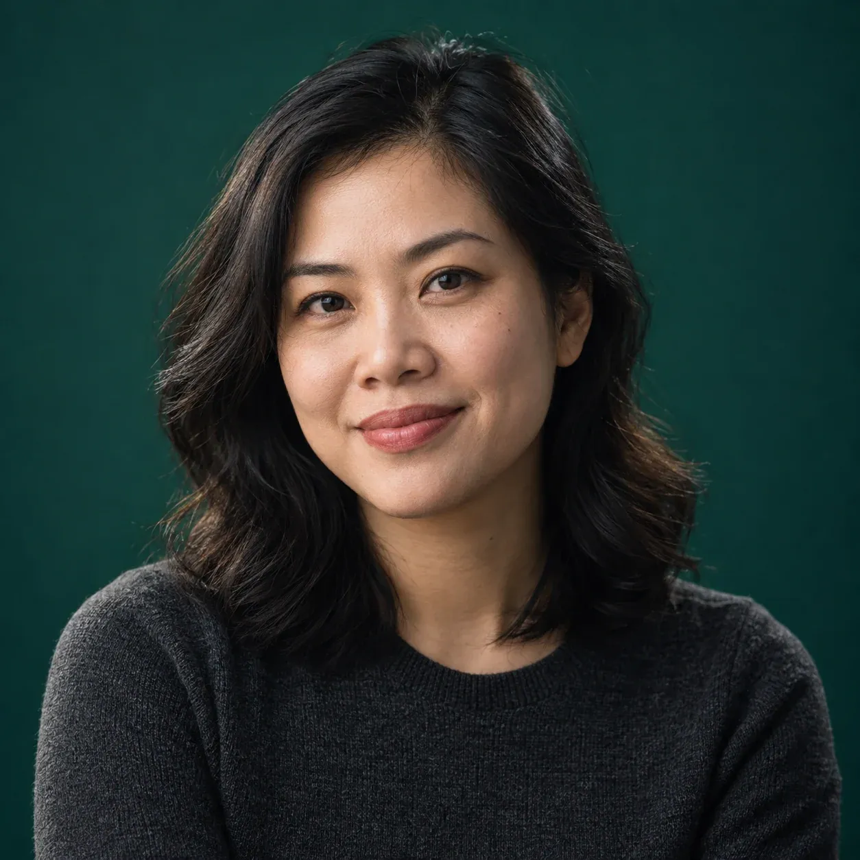 Portrait of Lâm Khánh Linh, co-founder and CEO of WhereTheFuture, smiling against a deep teal backdrop.
