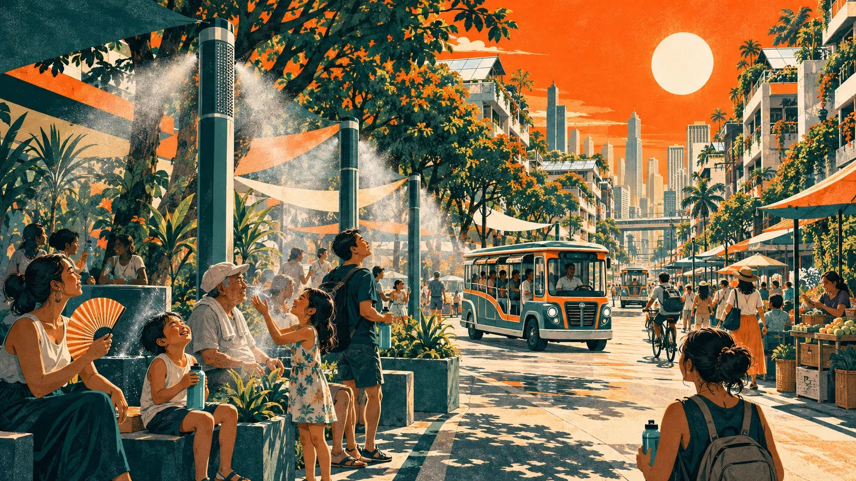 Illustration of a Manila street in 2040 under a blazing sky, shaded by green canopies and white cooling roofs, residents gathered under misting towers.