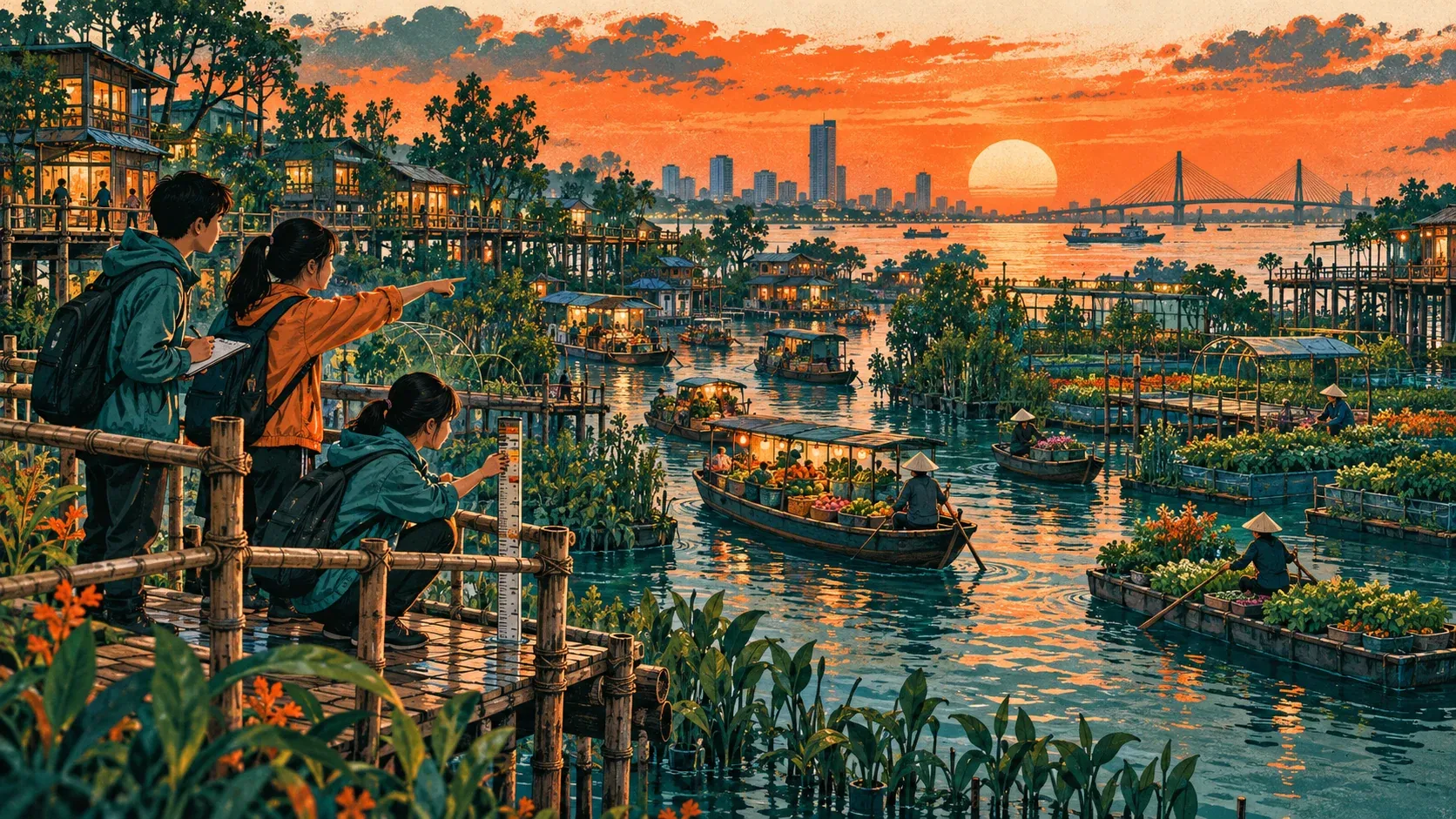 Illustration of Cần Thơ in 2045: a riverside city of raised walkways and floating gardens at dusk, boats moving between flooded streets.