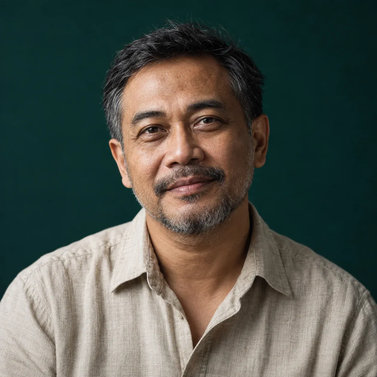Portrait of Rizal Santoso, climate-adaptation urban planner and advisor to WhereTheFuture, against a deep teal backdrop.