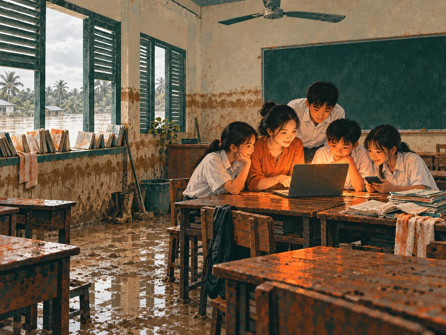 Illustration of a flooded Cần Thơ classroom in October 2022, a teacher and students gathered around a single screen.